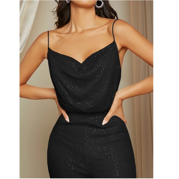 Sequined Cami Cowl Neck Jumpsuit Black Party Playsuit Long - Picture 4 of 7